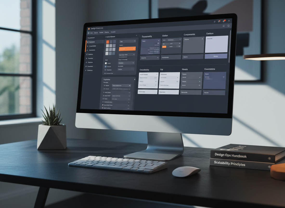 A sophisticated, realistic close-up of a digital design system library displayed on a high-resolution, bezel-less monitor, showing orderly components, tokens, and guidelines in a well-structured interface. Around the monitor on a matte black desk sit a matching wireless keyboard, a small concrete planter with a single sculptural plant, and a set of neatly stacked design ops playbooks with simple, typographic covers. Cool, indirect afternoon light from a nearby window combines with subtle warm desk-lamp illumination, creating a balanced, focused ambiance. Shot at a slight three-quarter angle with moderate depth of field, the screen contents remain legible while the surroundings gently blur. The mood is modern, precise, and quietly confident, emphasizing scalability, documentation, and operational excellence in design.
