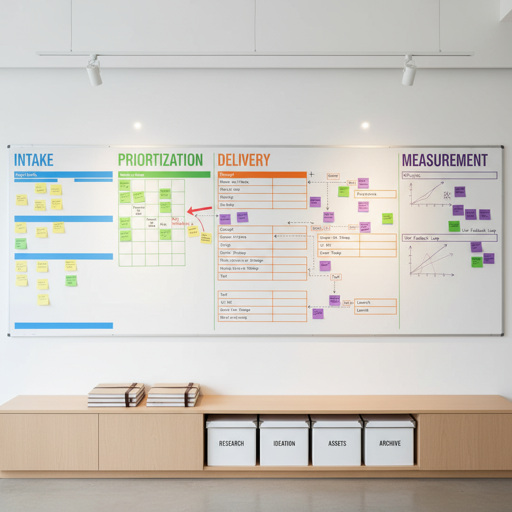 A large, clean whiteboard wall photographed in realistic detail, filled with an orderly ecosystem of color-coded diagrams, swimlanes, and sticky notes representing a design operations workflow. Different sections show intake, prioritization, delivery, and measurement, each labeled with precise typography. Below the whiteboard, a minimalist light-wood credenza holds neatly aligned sketchbooks and labeled storage boxes. Soft studio lighting from above and to the right creates even illumination with gentle reflections on the whiteboard surface. Composed straight-on at eye level with sharp focus throughout, the image feels structured, modern, and analytical, emphasizing systems thinking, clarity, and the invisible infrastructure behind great design work.