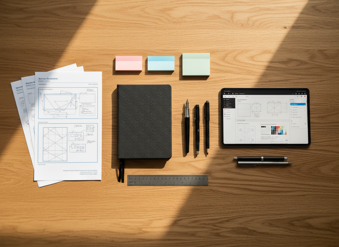 An elegant overhead photographic view of a tidy design toolkit laid out on a warm oak table, featuring a closed dark-charcoal notebook embossed with a subtle geometric logo, precision pens, a metal ruler, sticky note pads in muted pastels, printed service blueprints, and a tablet showing a clean design system documentation page. Each object is aligned with careful spacing, creating a sense of order and intention. Natural morning light from the top of the frame washes across the scene, creating soft shadows and gentle paper texture highlights. The composition uses the rule of thirds with a shallow depth of field that keeps the central notebook and tablet in sharp focus. The atmosphere is thoughtful, methodical, and professional, ideal for a Design Ops portfolio hero image.